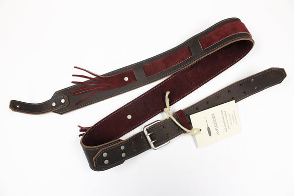 Awlgoods Hand Crafted Leather Guitar Strap Brown with Wine Stitching & Wine Tassel