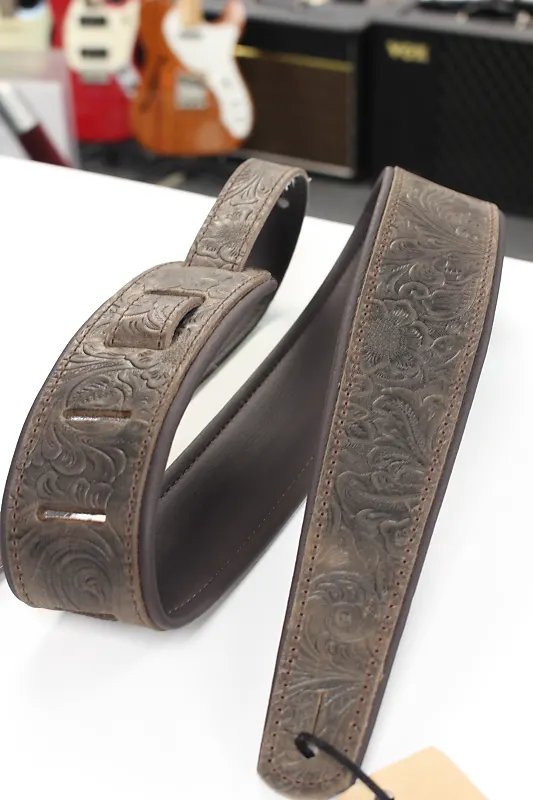 LM Products Premier Leather Guitar Strap Brown Western Tooled PM-13 *Free Shipping in the USA*