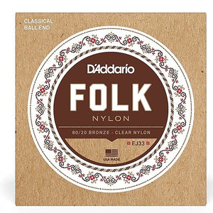 D'Addario EJ33 Folk Nylon Guitar Strings Ball End 80/20 Bronze/Clear Nylon Standard